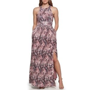 Eliza J Metallic Knit Sleeveless Halter Neck Purple Pink Pleated Maxi Dress
